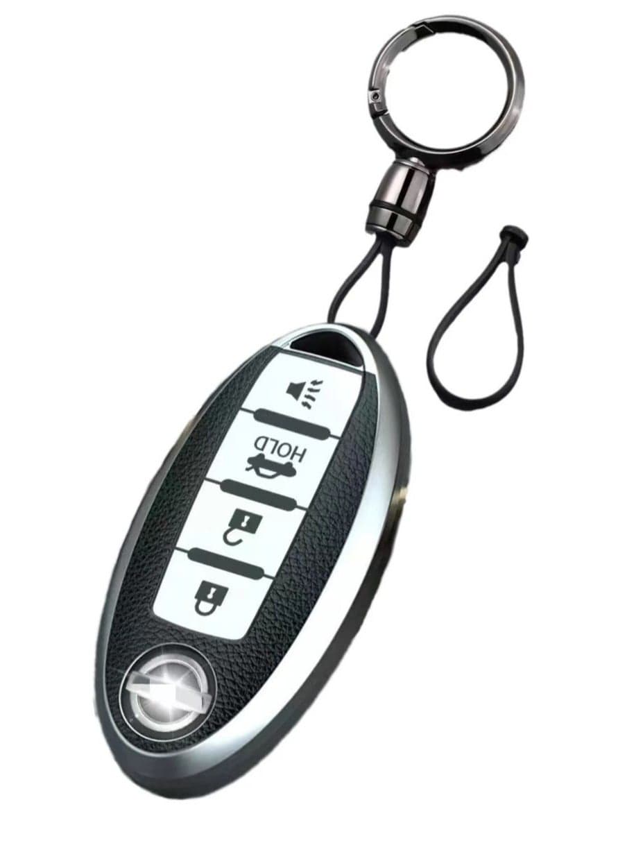 OUYoo For Nissan Key Fob Cover, for Nissan Altima Accessories Maxima Rogue Armada Pathfinder Infiniti Premium Soft TPU Full Cover Smart Remote Keyless Key,With key chain(4 Button only) (Silver)