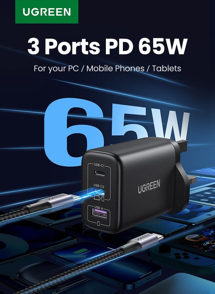 GaN 65W Charger Type C 2C1A Adapter USB C Wall Plug iPhone Charger USB Type C Multi-Ports Adapter Samsung 45W Fast Charging Supported Compatible with Galaxy S25 S24 Ultra iPhone 16 Series Xiaomi - 65W 2C1A