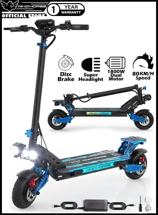 H8 Electric Folding Scooter 3600W (Dual 1800W Motors), 48V 27Ah Battery, 80KM/H Speed, 65KM Range, Dual Suspension, Disc Brakes, 10x3 Inches Tires, RGB Lights, Big Digital Display