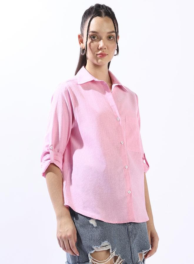 Women's Pink 100% Cotton Colour Blocked Button Down Oversized Shirt