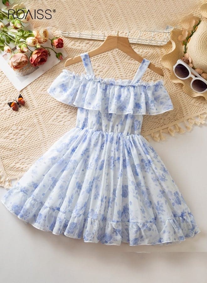 Girls Stylish Ruffled Dress, Square Neck Off Shoulder Dress, Fancy Strappy Dress with Floral Pattern, Chic A Line Frock for Girls, Suitable for Daily Wear, Birthday Parties or Any Occasion