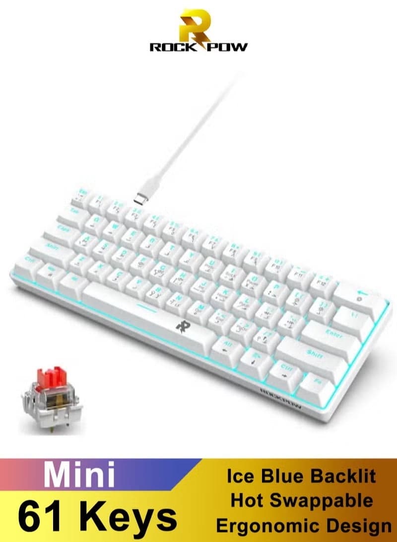 61keys 60% Mechanical Gaming Keyboard Arabic Ice Blue Backlit Ultra-Compact Mini Keyboard, Mini Compact Keyboard for PC/Mac Gamer, Typist, Easy Carry on Trip