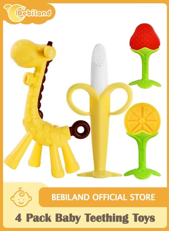 4 Pack Baby Teething Toys Set Silicone Fruit Shape Giraffe Baby Teethers BPA Free Soothe Babies Gums for Babies Infants Toddlers Boys & Girls