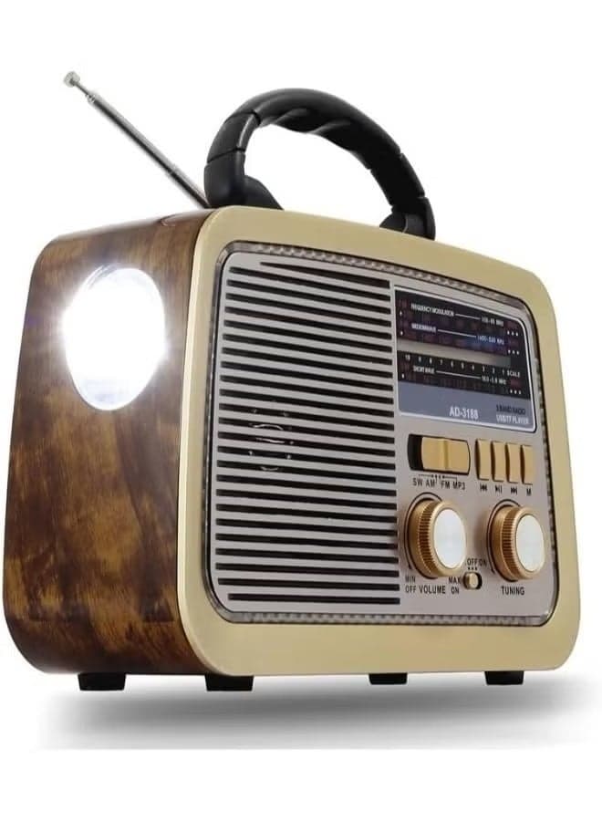 Retro Radio FM/AM/SW 3 Band USB/TF/BT Player with Rechargeable Battery & Flashlight 1 Year Warranty