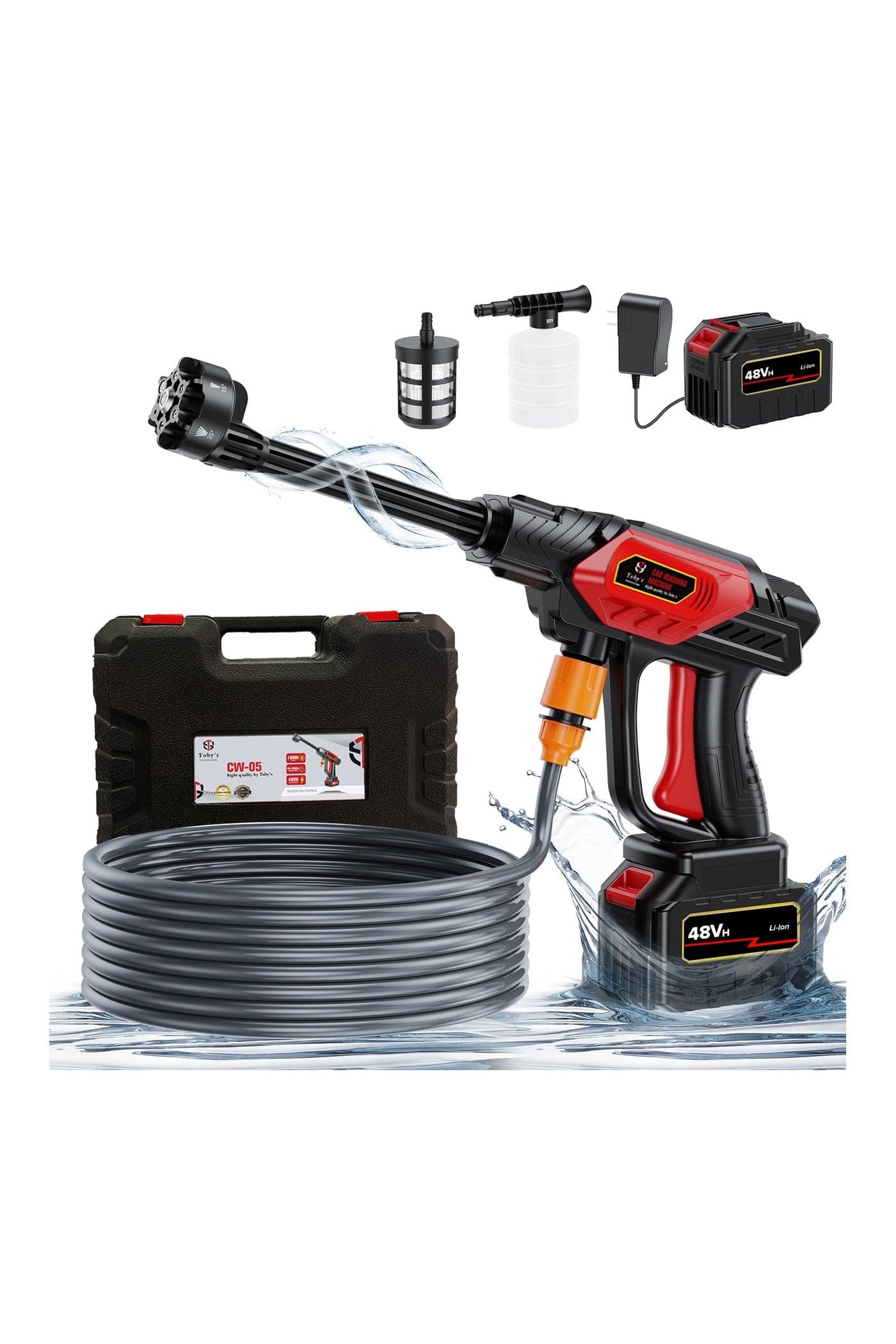Toby’s 48V Cordless Portable Electric Water High Pressure Car Washer – Powerful Dual-Battery Cleaner, 5M Range, with 6-in-1 Nozzle for Cars, Windows, Floors, Plants, and Garden Use