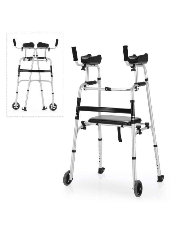 Lightweight Folding Walker for Seniors - 8-Level Height Adjustabl (100-116cm ) Mobility Aid with 5" Wheels & Padded Seat | Sturdy Platform Walker for Elderly, Disabled & Handicap Support (Black/Silver)