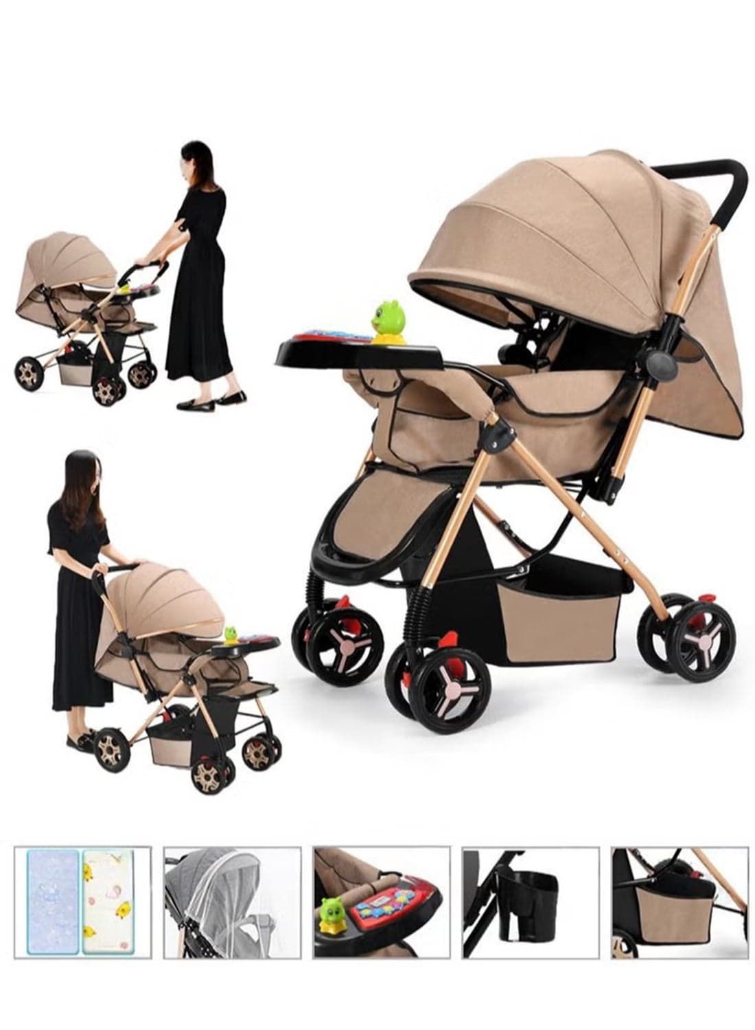 Two Way Push Portable Infant Adjustable Foldable Baby Stroller And Cart With Handles safety Harness Storage Basket, Tray And Cup Holder
