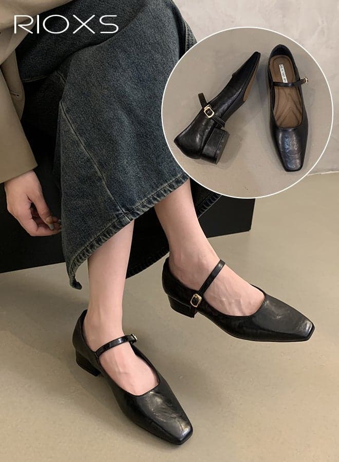 Women's Mary Jane Heels, Square Closed Toes Pump Shoes with Buckle Strap, Classic Anti-slip Chunky Low Heel Mary Jane Shoes for Ladies, Cmofy Lightweight Ladies Ballet Shoes Wedding Dress Shoes for Work, Shopping, Dating, Prom and Daily Wear, Black