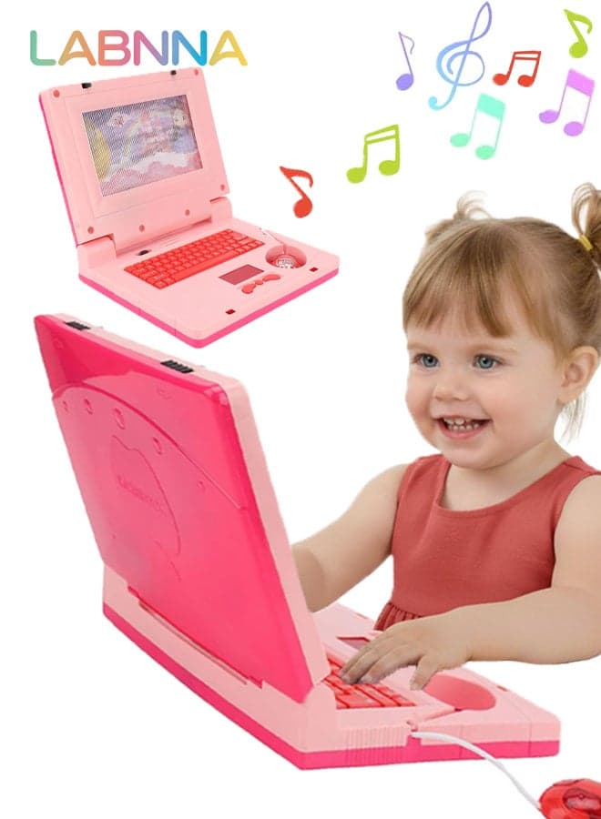 Kids Learning Laptop, Plastic High Simulation Educational Toddler Learning Computer Toy with (Non Retractable Mouse) Electronic Toy,Educational Learning Computer Simulation Music Preschool Pretend Toys with Retractable Mouse for Early Learning, Pink