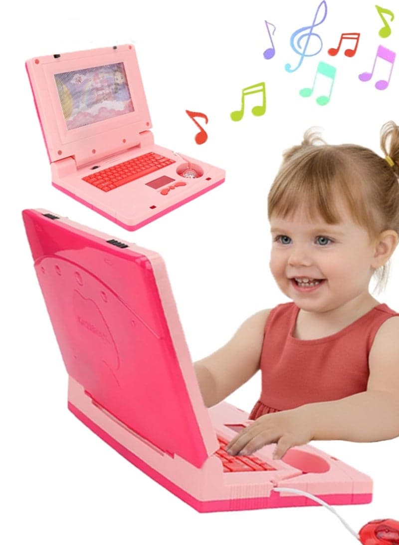 Kids Learning Laptop, Plastic High Simulation Educational Toddler Learning Computer Toy with (Non Retractable Mouse) Electronic Toy,Educational Learning Computer Simulation Music Preschool Pretend Toys with Retractable Mouse for Early Learning, Pink