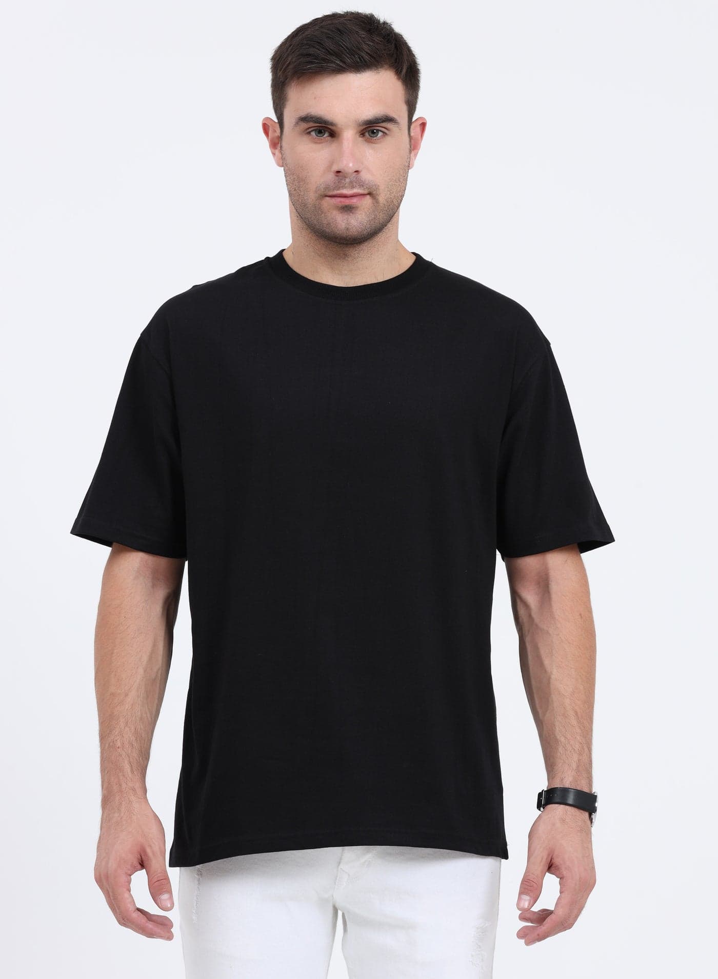 Drop Shoulder Half Sleeves Cotton Oversized T-Shirt (Black)