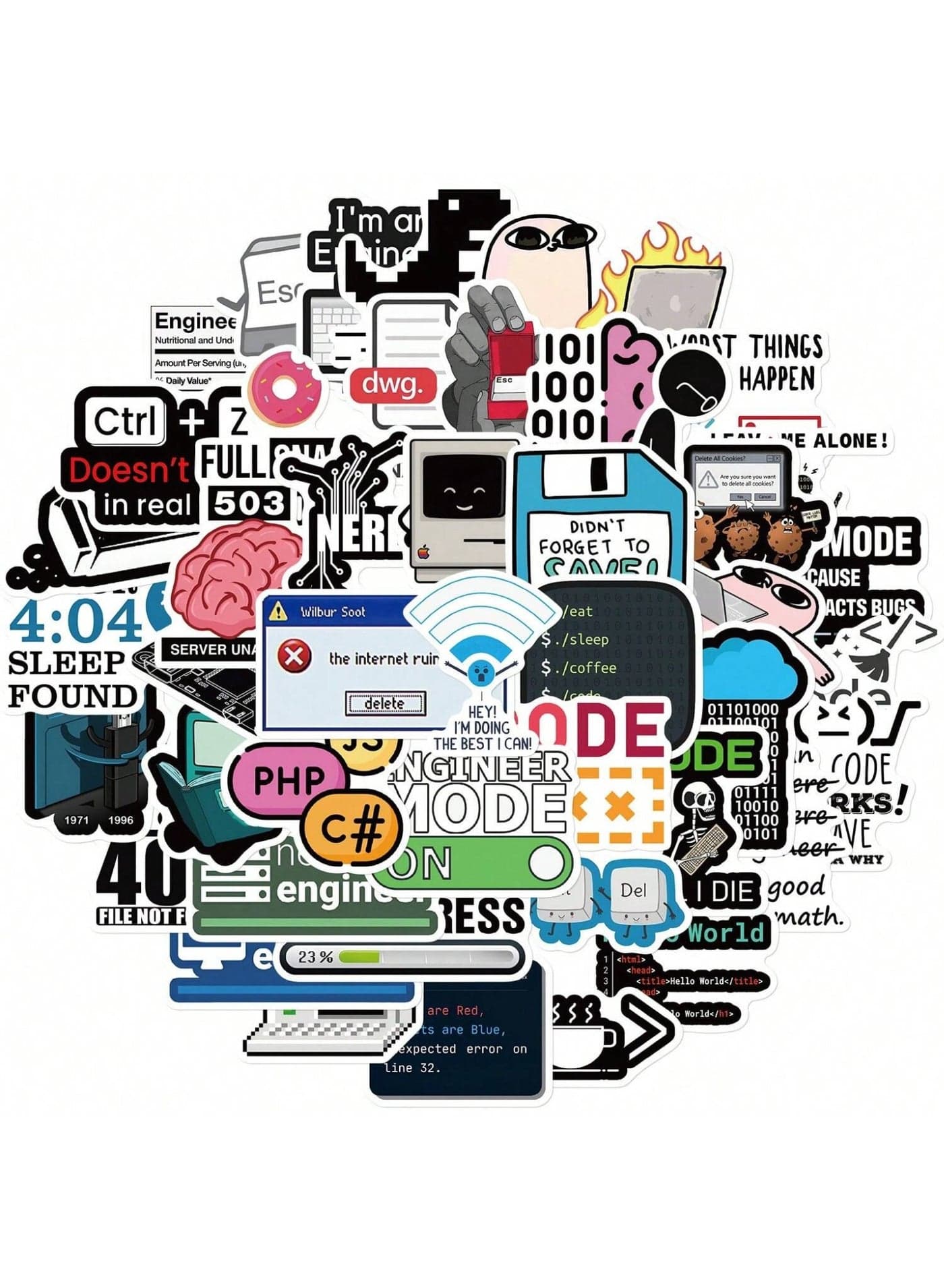 50pcs Programmer Series Graffiti Stickers – Waterproof Matte PVC Tech Meme Decals with Irregular Shapes, Self-Adhesive Vinyl Stickers for Laptop, Water Bottle, Helmet, Notebook, Wall, Skateboard, Guitar & DIY Coding Decoration