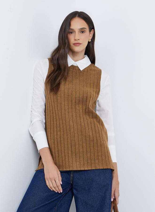 Styli Women Brown Ribbed Overlay Shirt