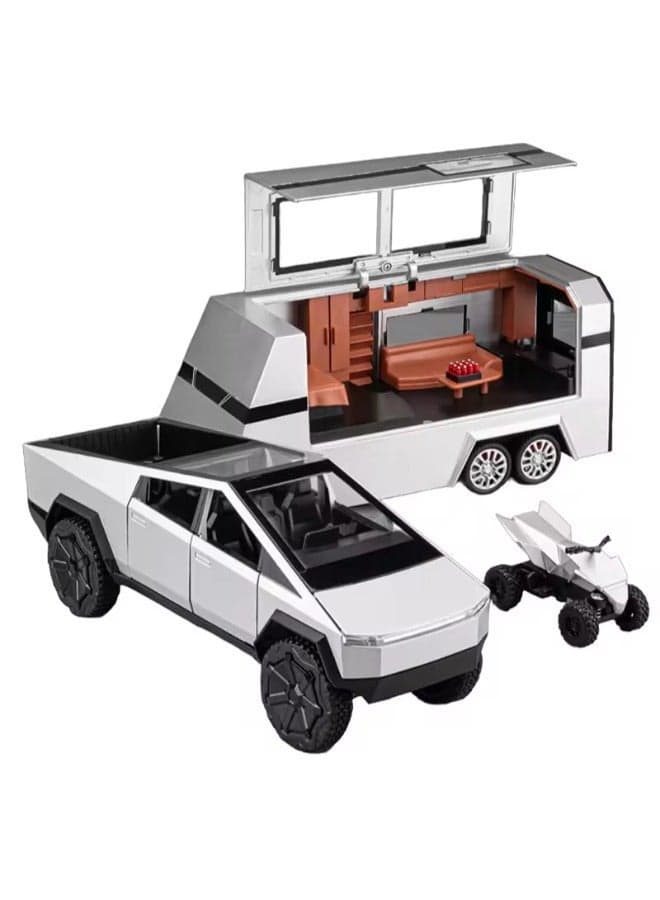 1:32 Scale Simulation of Tesla Cybertruck Diecast Pickup Truck Model with Bike & Trailer – Alloy Toy Car with Sound & Light for Kids & Collectors
