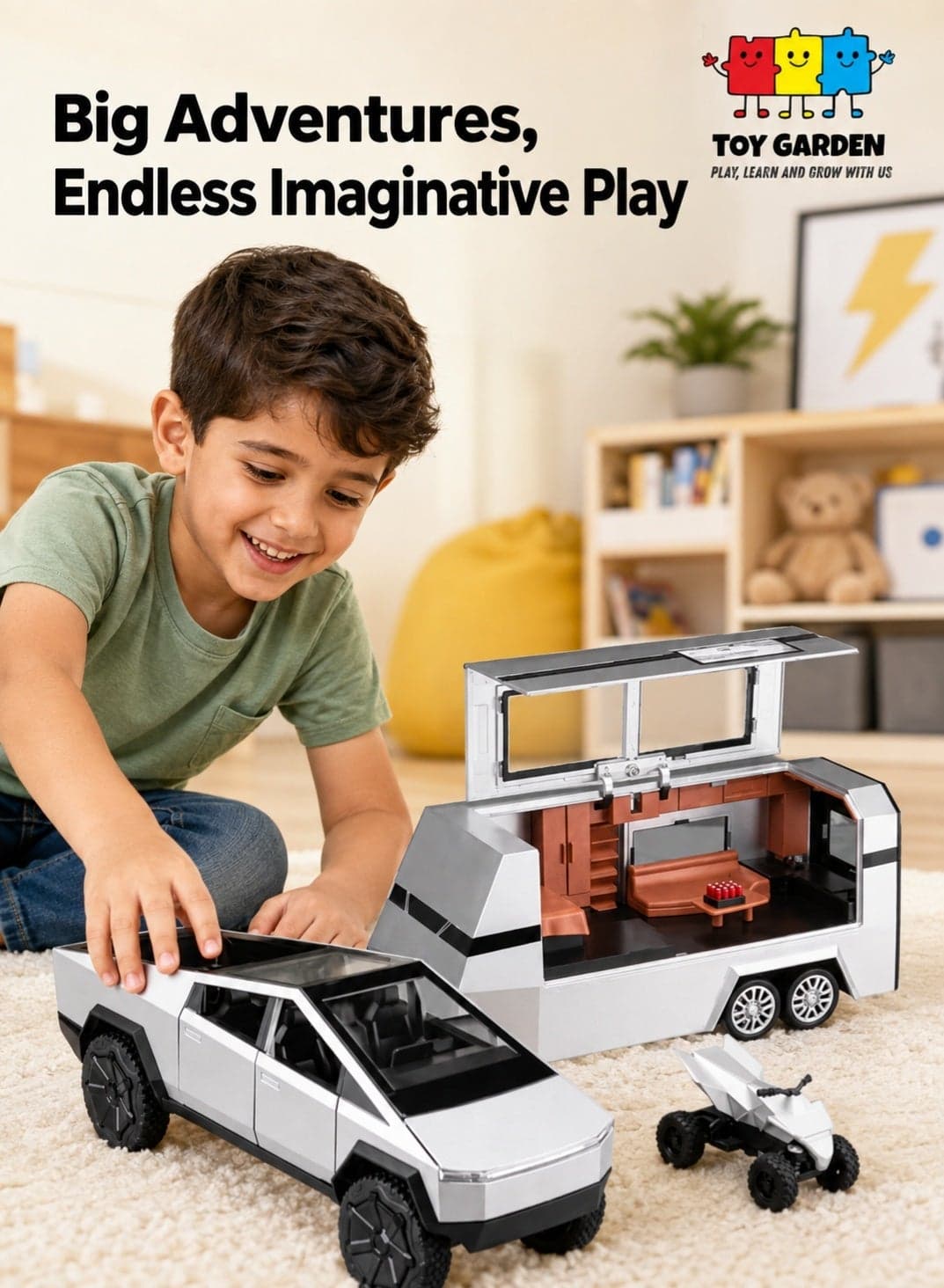 1:32 Scale Simulation of Diecast Pickup Truck Model with Bike & Trailer – Alloy Toy Car with Sound & Light for Kids & Collectors