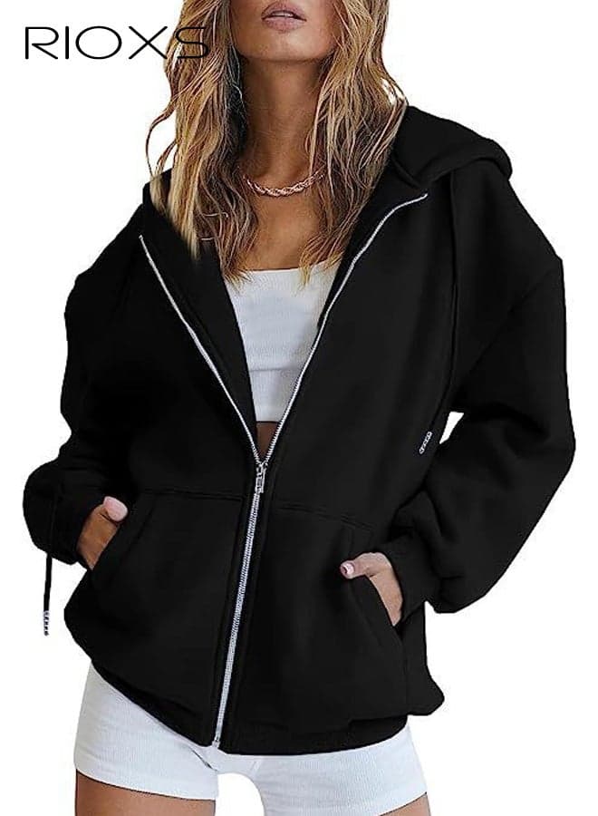 Women's Zip Up Hoodies, Trendy Loose Fit Casual Long Sleeve Sweatshirts for Ladies, Long Sleeve Hooded Track Jackets with Pockets, Comfortable Lightweight Hoodies Winter Fall Outfits for Office, Party, School, Running, Sport, Gym and More, Black