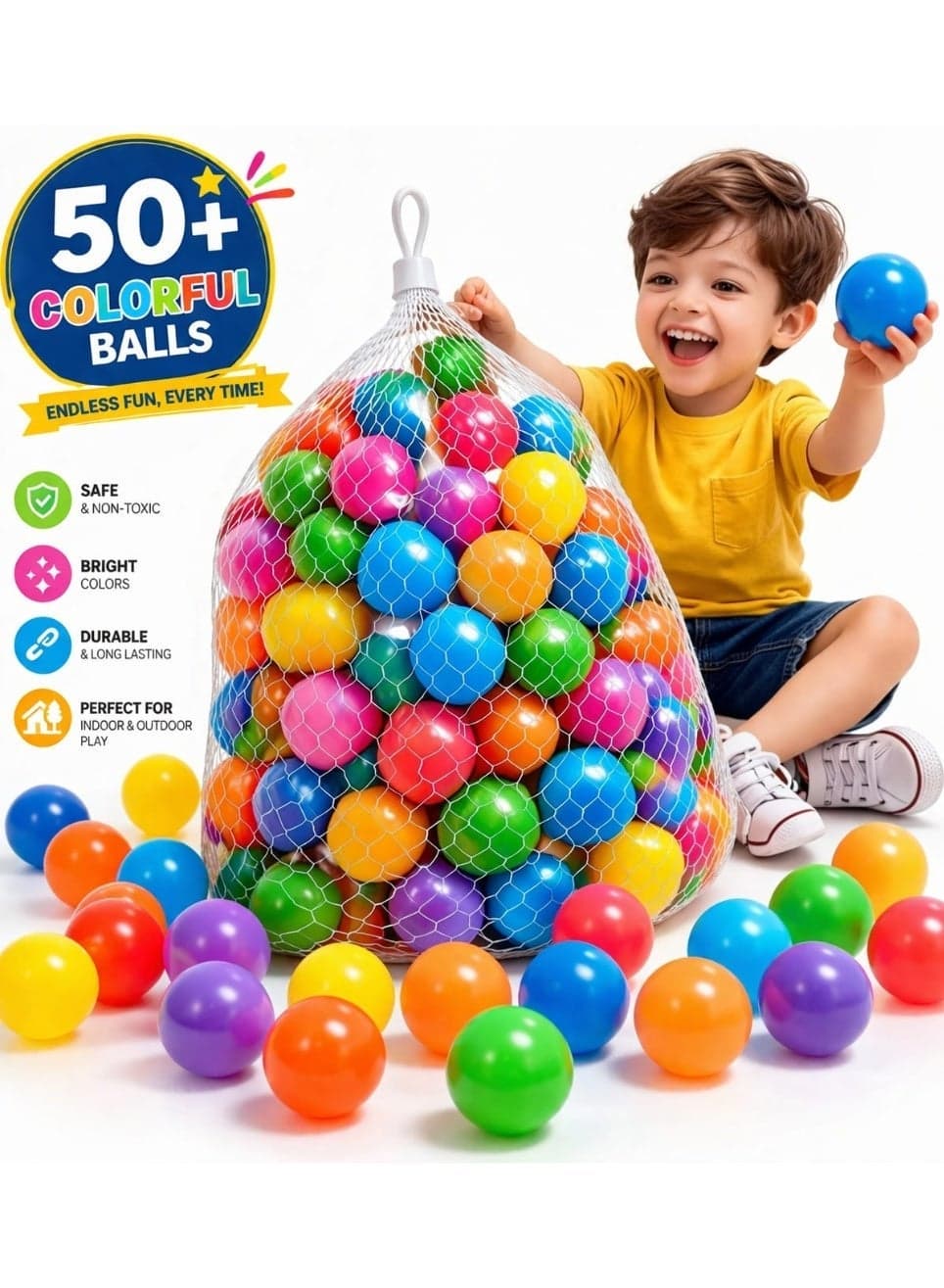 50-Piece Ocean Pit Toy Balls for Kids BPA Free Phthalate Free Crush Proof Plastic Play Balls with Storage Mesh Bag 7 Bright Colors For Age Group 1+ Years Safe Baby Toddler Playpen Balls Indoor Outdoor Play Toys