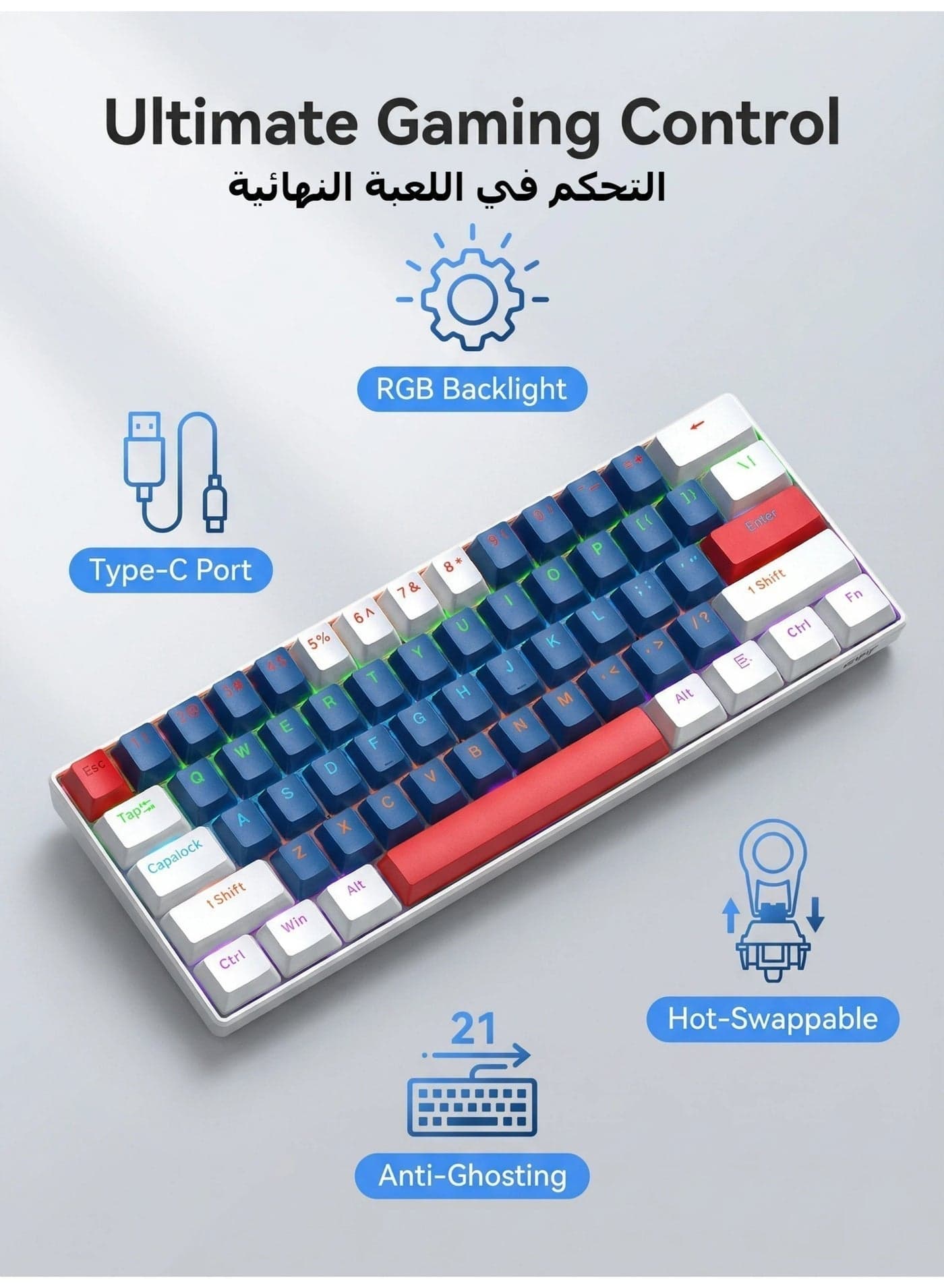 Keyboard mechanical keyboard blue switch RGB keyboard small keyboard Type-C key cable separation full key hot swappable wired gaming keyboard, suitable for PC/Mac e-sports gamers, business travel portable gaming keyboard