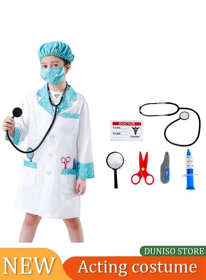 Kids Doctor Costume,suitable for boys and girls to wear medical gowns, surgical prop suits, role-playing sets, equipped with hats, toys, and masks, suitable for heights of 110 to 130 centimeters