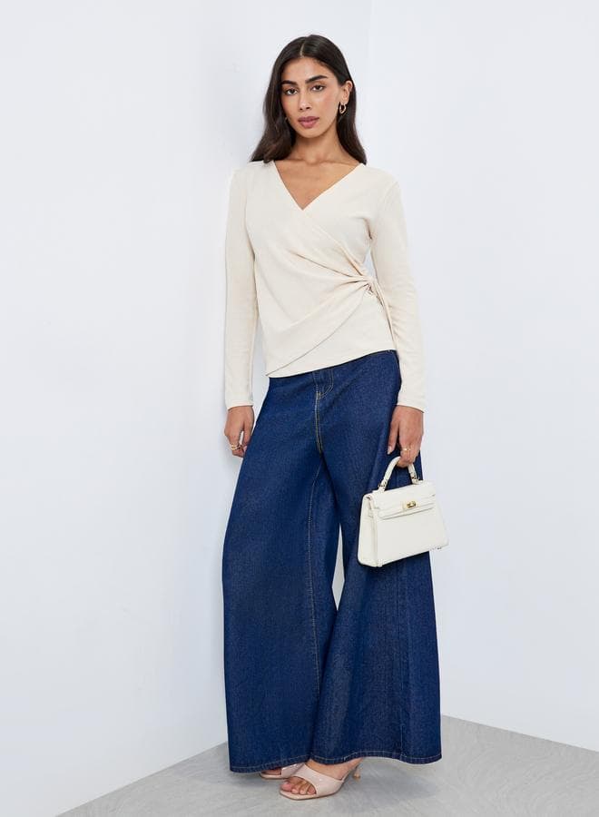 Styli Beige Ribbed Wrap Top with Tie Detail