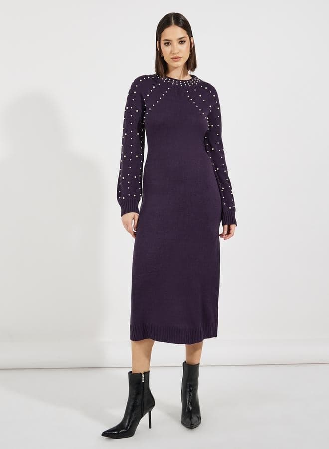 Faux Pearl Studded Knit Sweater Midi Dress