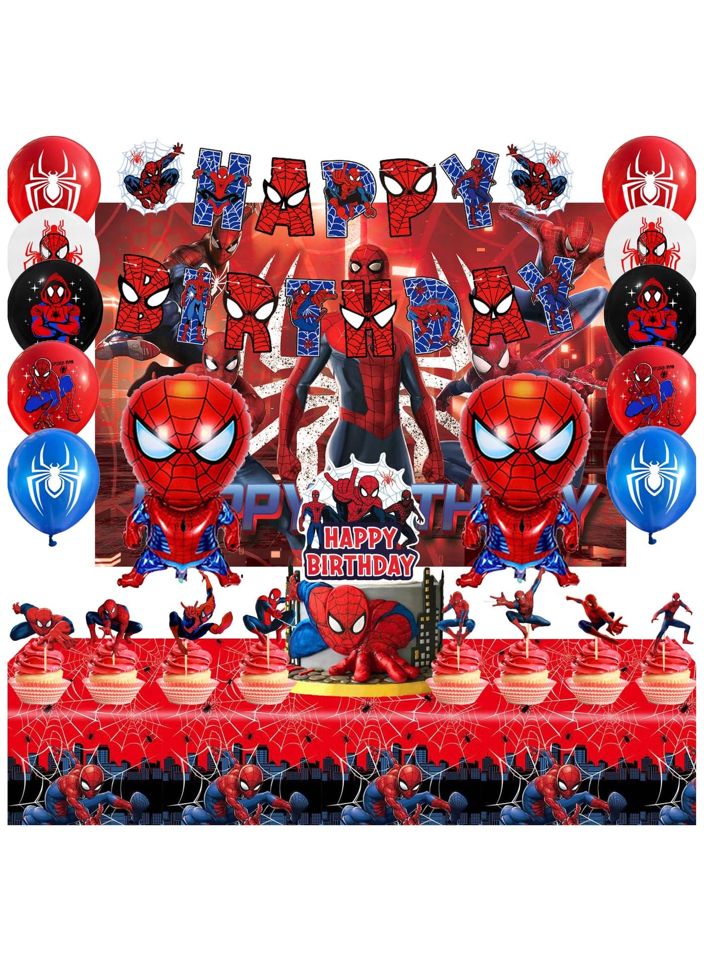 Spiderman Birthday Party Supplies Kit - 30 Pcs Spiderman Party Set with Banner Backdrop Tablecloth & Spiderman Balloons Cake Topper etc Spiderman Themed Birthday Party Decorations for Kids