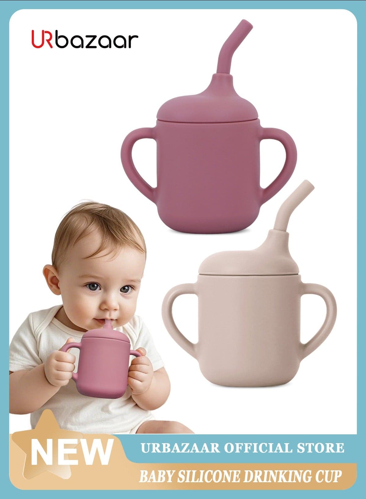 2 Pack Baby Training Cup 180ml, Silicone Sippy Cup with Handles, Lid and Straw, Spill Proof and Non-Slip Straw Cup for Babies and Toddler