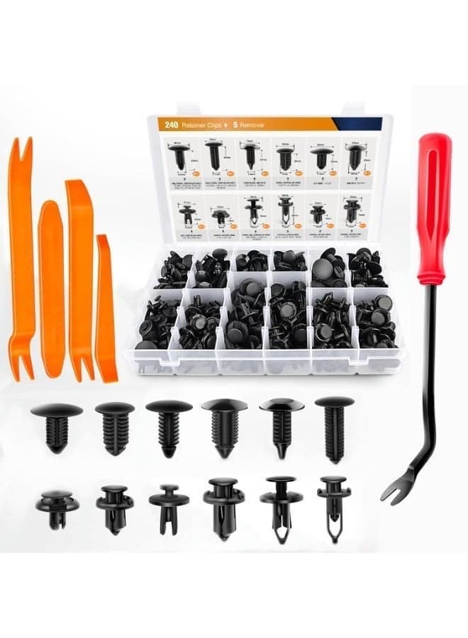 240PCS Bumper Retainer Clips,Car Push Retainer Clip And Fastener Kit, Car Plastic Rivets Fasteners Push Retainer Kit Most Popular Sizes Auto Push Pin Rivets Set -Door Trim Panel Fender Clips for GM Ford Toyota Honda Chrysler