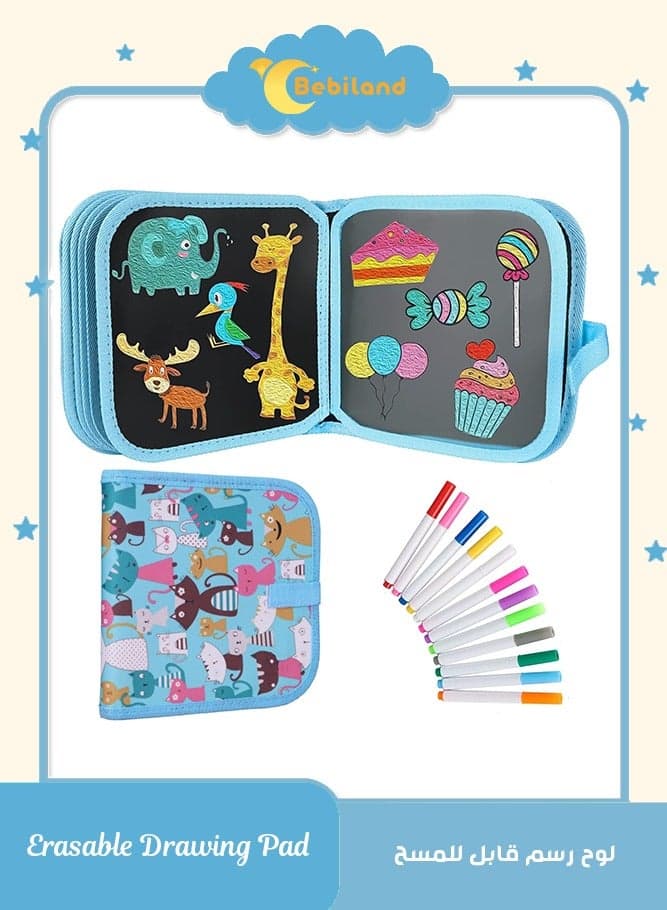 14 Pages Portable Erasable Drawing Pad Reusable Sketchpad Painting Book with 12 Colored Erasable Pens for Kids Toddlers Cat