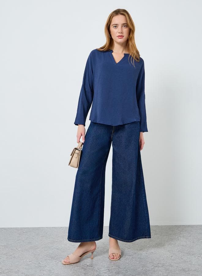 Women Navy Blue V-Neck Long Sleeve Top