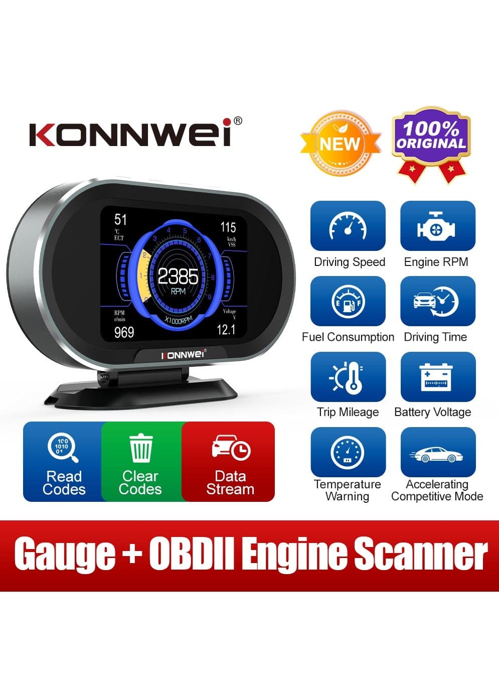 KW206 Car Head Up Display OBD2 HUD Digital Meter Gauge All in One Automotive Trip Computer Smart OBD Speedometer Water Temperature Fuel Pressure Tester for All 2003 and Newer Cars
