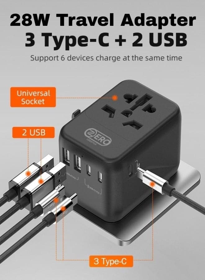 28W Universal Travel Adapter with 5 Ports (2 USB A and 3 USB C Ports) Universal Travel Adapter for Devices with Dual Voltages, International Travel Adapter for EU, UK, USA, AU, Power Socket Charger for Multi Countries, Travel Plug Adapter with Fast Charging Safety Fuse
