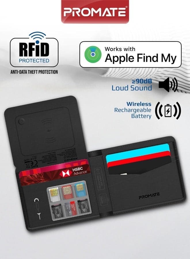 Promate ProWallet Anti-Loss Leather Wallet with Apple Find My, Wireless Charging, RFID Protection, Built-in Speaker, Bluetooth 5.2, Slim Design, SIM/MicroSD Slots, 6 Month Battery Life Black