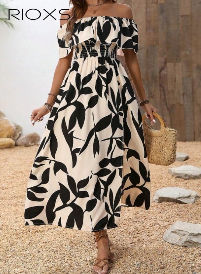 Women's Off the Shoulder Floral Maxi Dress, Summer Ruffle A-line Beach Dress with Flounce Bodice and Slit Hem for Ladies, Flowy Long Split Sundress for Vacation/ Graduation/ Party/ Wedding/ Dating/ Casual Daily Wear, Black and Apricot