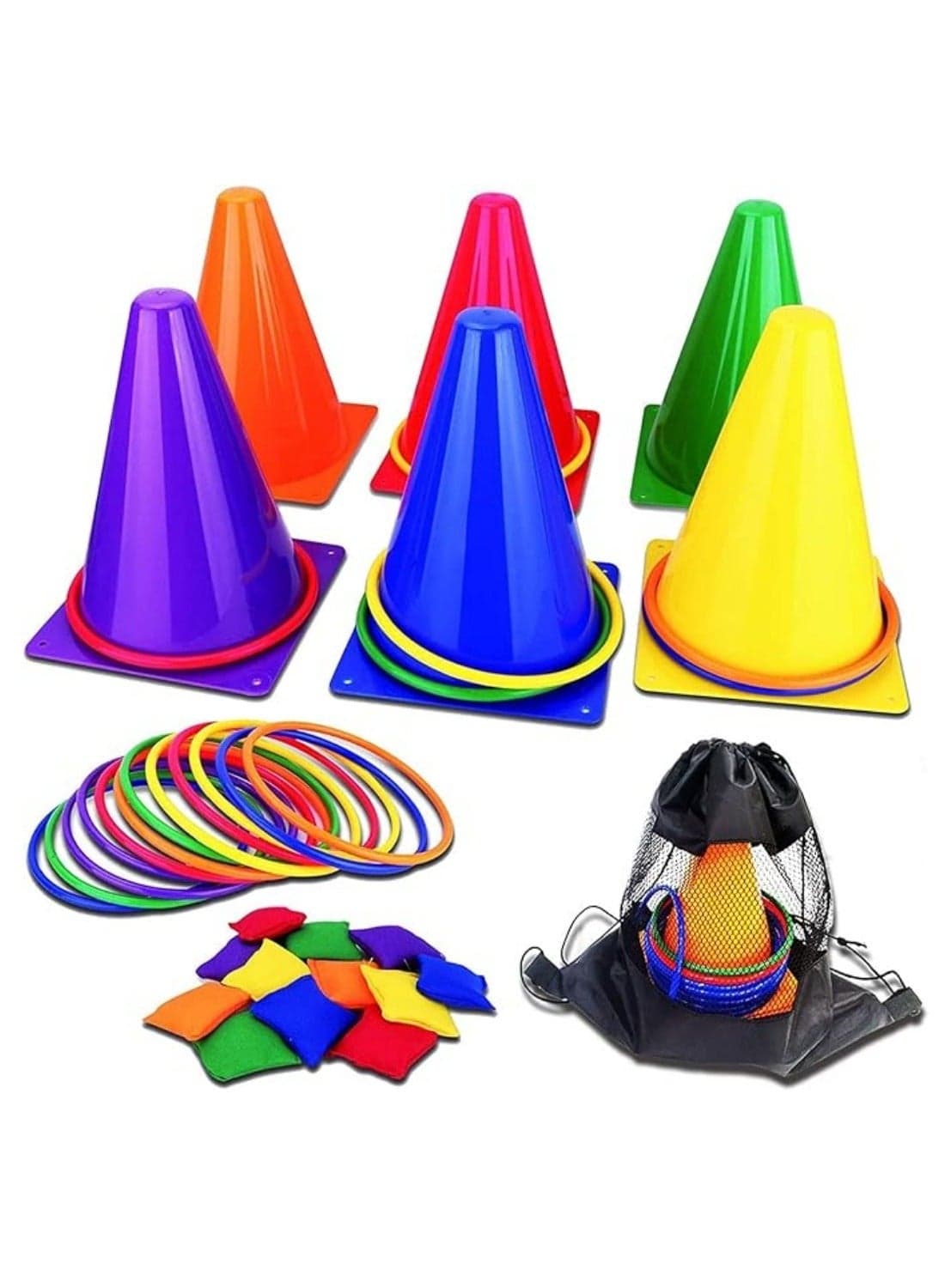 3 in 1 Outdoor Games Combo Set for Kids, 31PCS Yard Lawn Game, Soft Plastic Cones Bean Bags Ring Toss Game, Gift for Birthday Party/Carnival