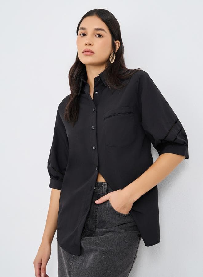 Women Black Cut-Out Sleeve Longline Shirt