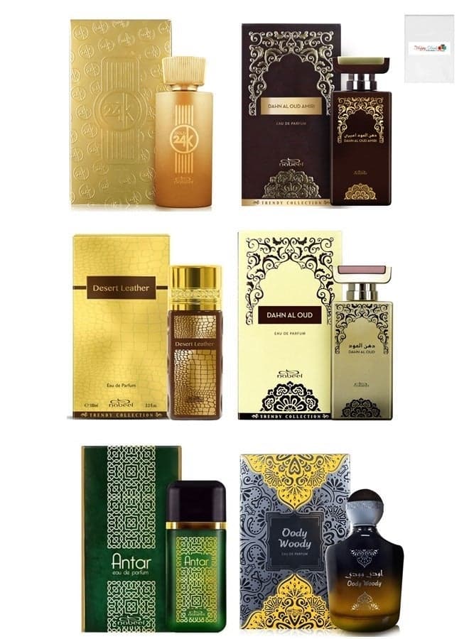6Pcs Set of Nabeel Trendy Collection Perfume Dahn Al Oud Dahn Al Oud Amiri Antar Gold 24K Oody Woody Desert Leather Eau De Parfum