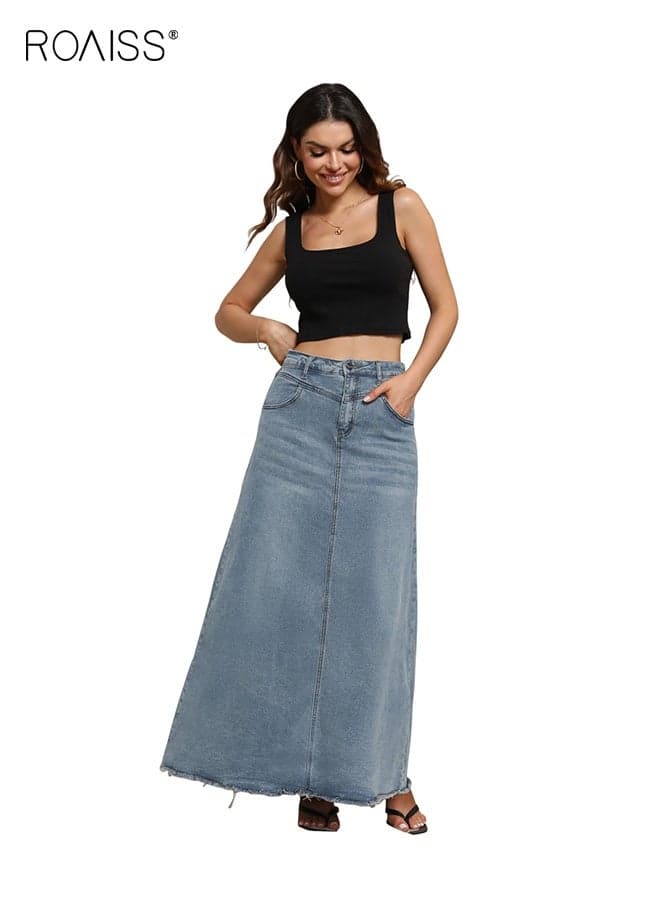 Women's Vintage Denim Maxi Skirt Frayed Raw Hem High Waist A-Line Long Jean Skirt High Waist All-Match Long Skirt with Pockets for Women