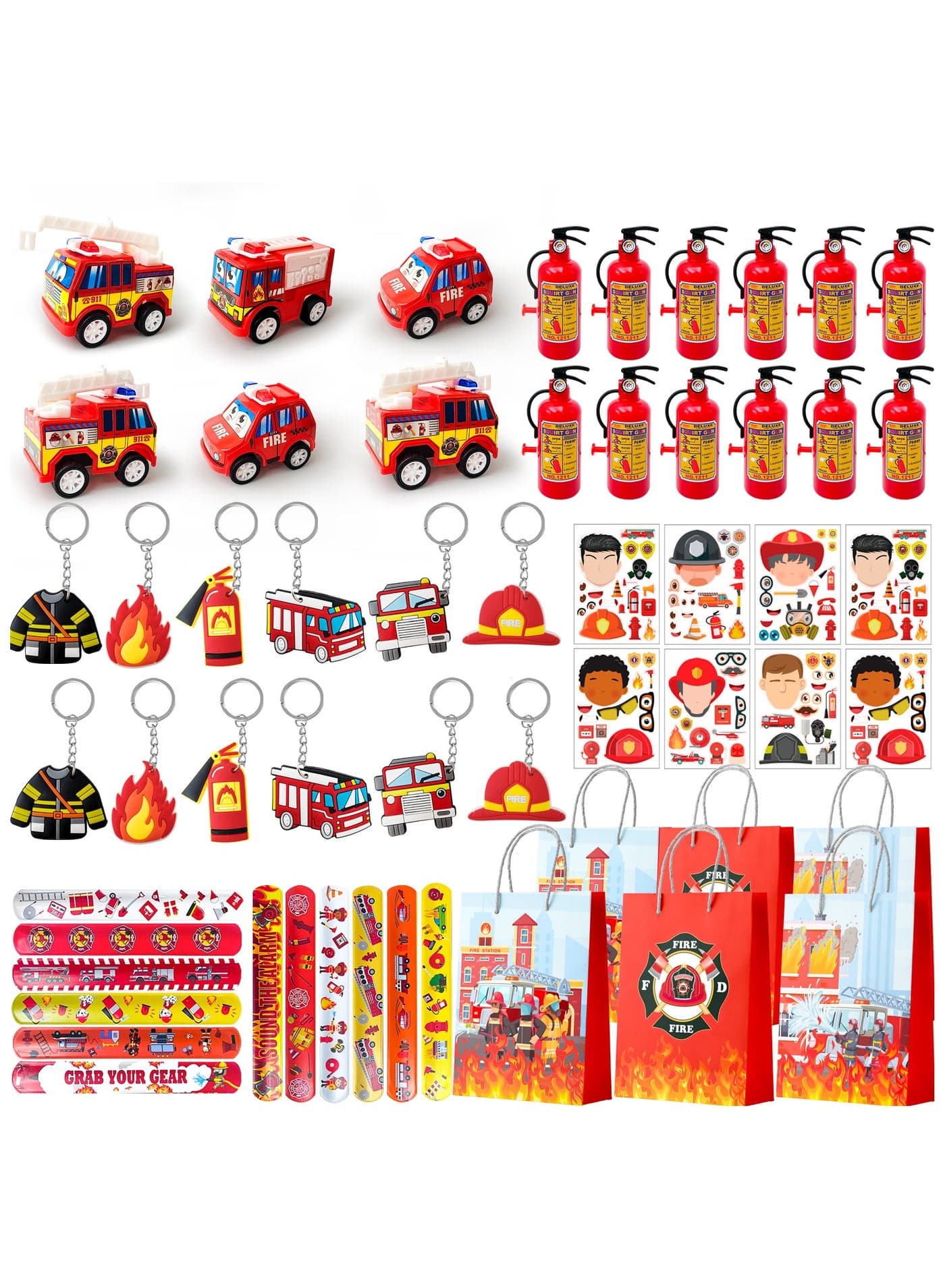 Firefighter Party Favors for 12 Guests, 72pcs Fire Truck Party Favors Set Party Stickers Slap Bracelets Keychains etc Firefighter Themed Party Favors for Firefighter Birthday Party Decorations Supplies