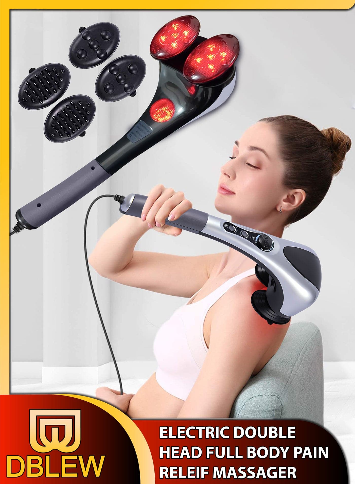 Handheld Double Head Full Body Massager With Heating Vibration Infrared Deep Tissue Massage Electric Dual Percussion For Neck Shoulder Back Arms Leg Foot Calf Muscle Relax Pain Hand Tension Relief