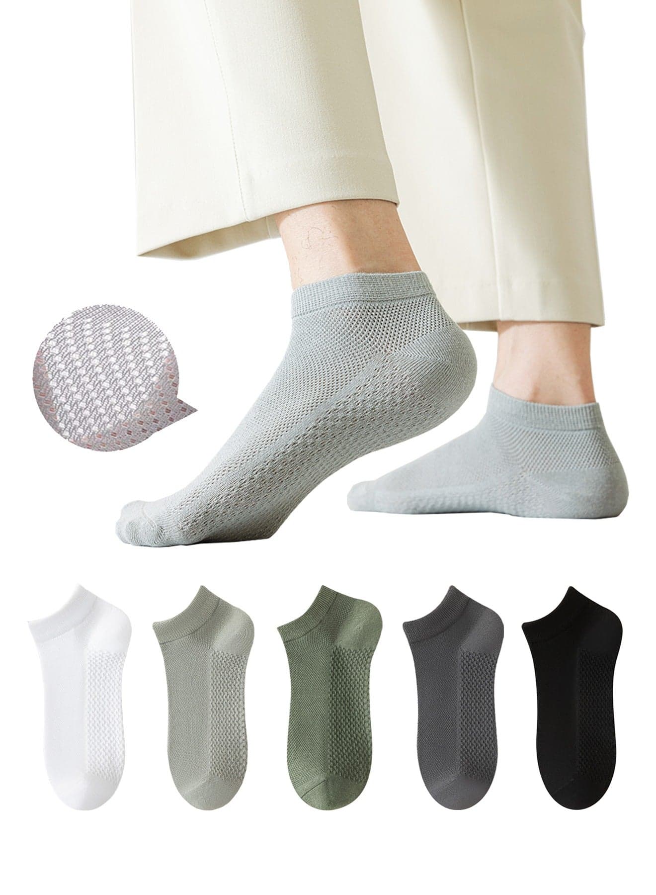 Men's Breathable Mesh Cotton Ankle Socks - 5 Pairs, Lightweight and Comfortable for Spring, Summer, and Fall