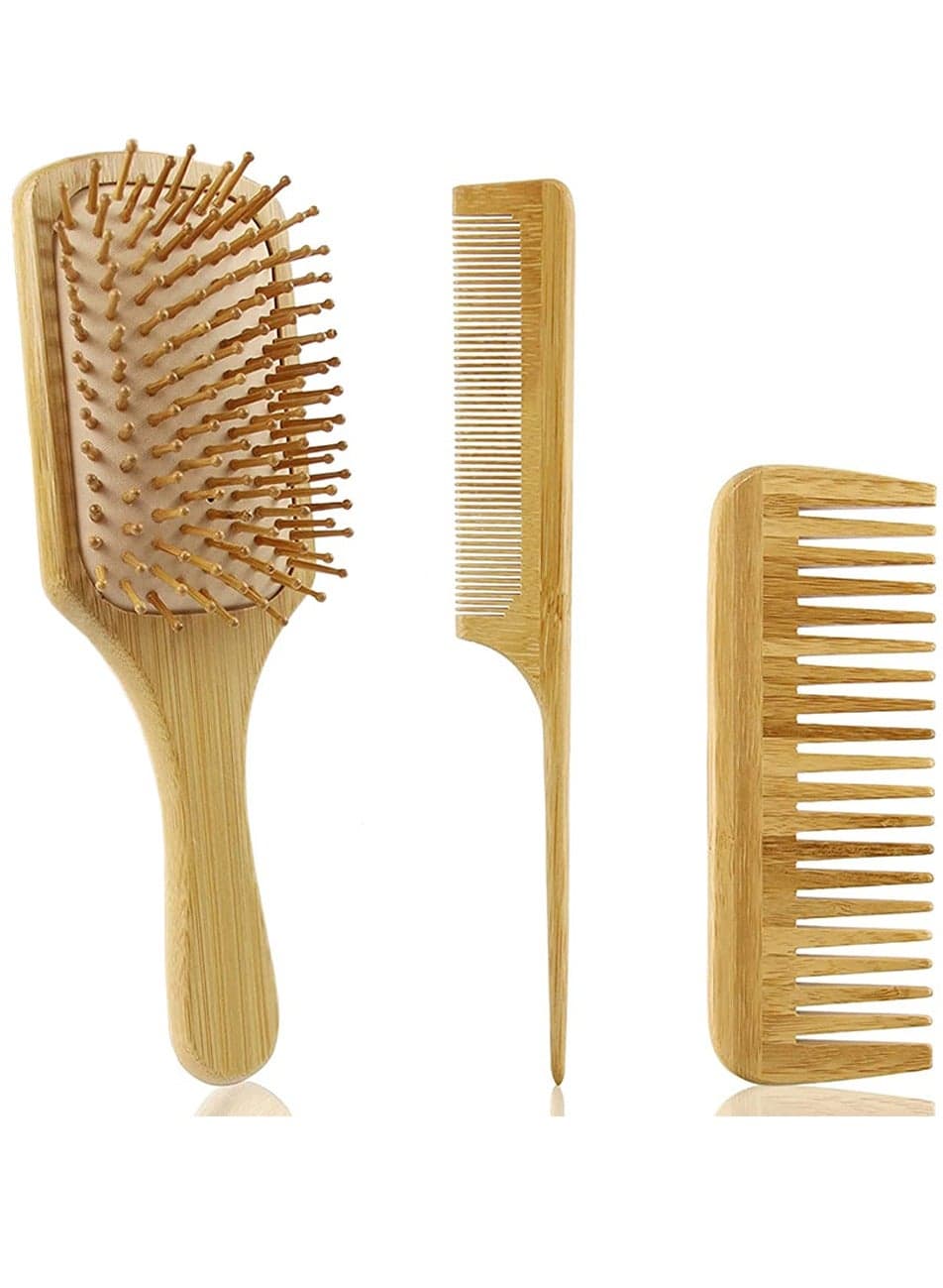 3-Piece Natural Bamboo Paddle Hair Brush And Comb Set Beige