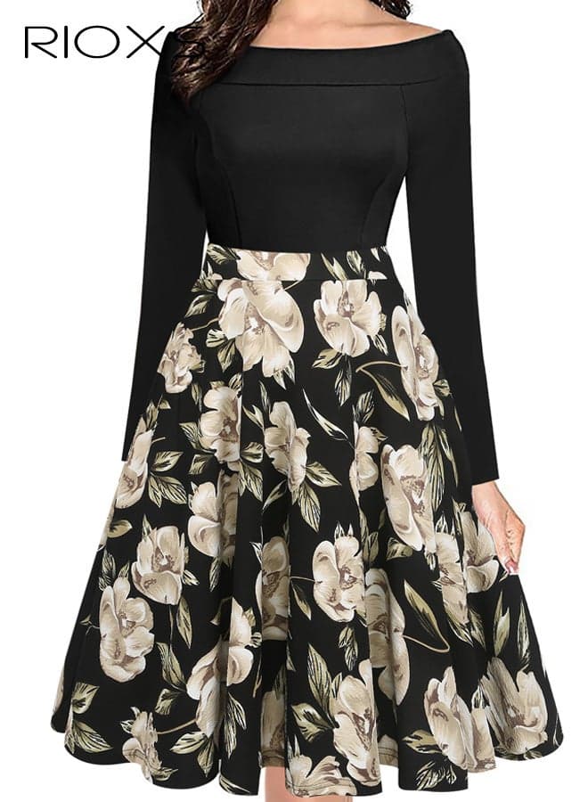Women's Off-Shoulder Black Floral Dress, Elegant Long Sleeve A-Line Midi Dress with Zipper, Stretchy Bodycon Top with Full Skirt, Romantic Garden Party Dress, Formal Cocktail Dress for Special Occasions