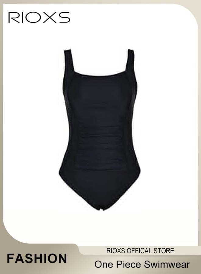 Women's One Piece Swimwear Push Up Padded Tummy Control Swimsuit Bathing Suit, Ruffled Square Neck Bathing Suit with Straps and Removable Padded Bra for Beach Vacation Honeymoon Cruise Pool Party Summer Surfing Water Aerobics Yoga Seaside Holiday Tanning Tropical Escape, Black