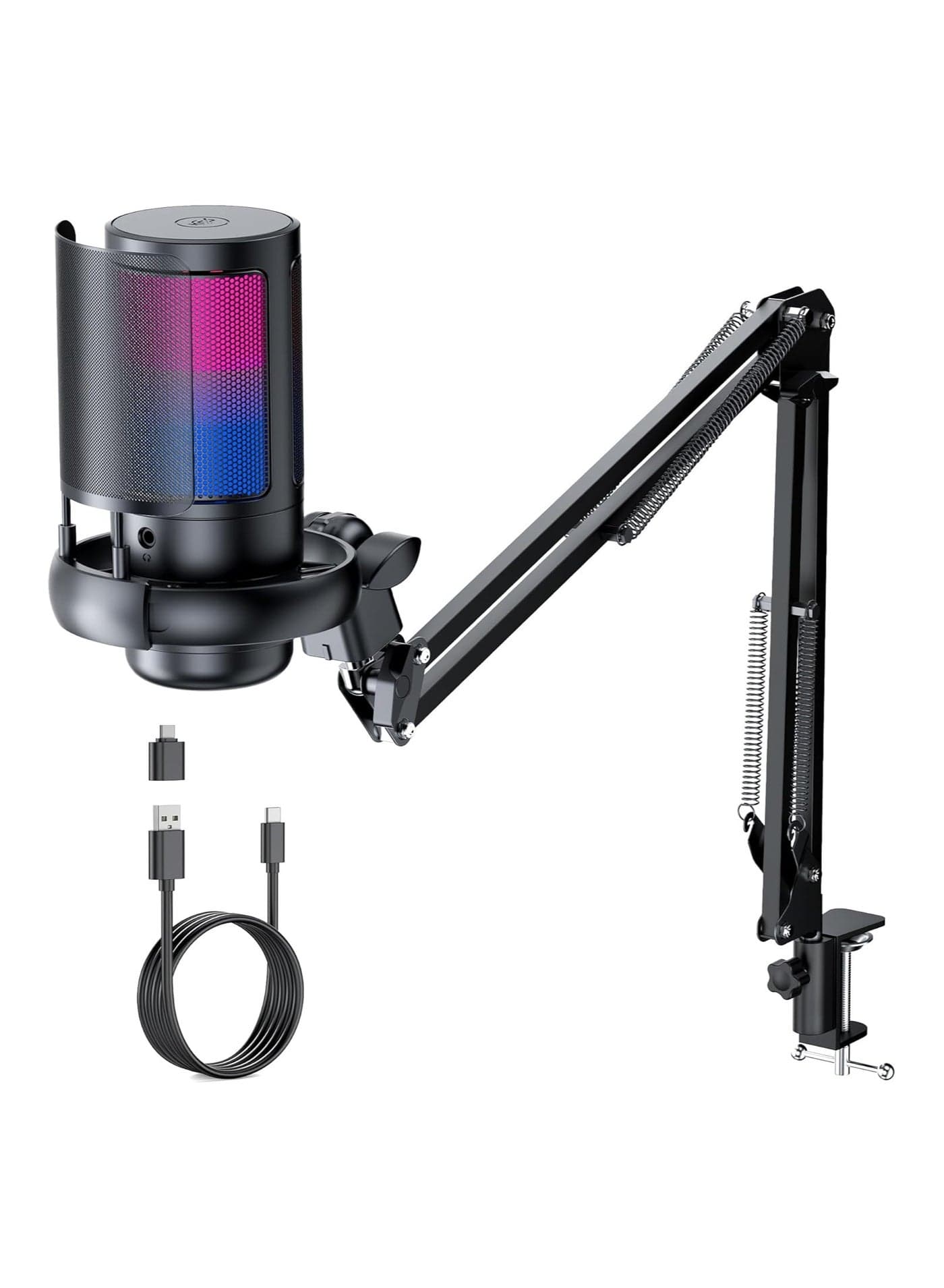USB Gaming Microphone, RGB Computer Condenser Mic with Boom Arm for PC PS4 PS5 With Mute Button, PopFilter, Microphone Arm, Shock Mount - Recording Accessories for Gamer - Podcast Microphone Kit for Streaming,Black