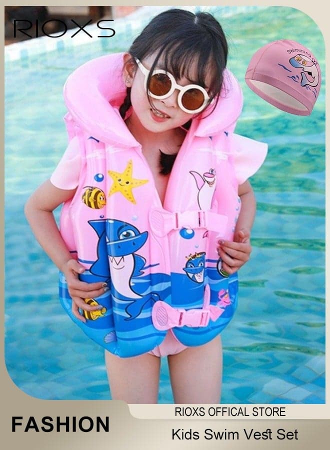 Kids Swimming Set,Swim Vest And Swimming Cap For Boys And Girls,High Buoyancy Vest Inflatable Swimsuit Vest,Comfy Swimming Cap,For 2-9 Year Beginner Baby Children Sea Beach Pool, Swimming Exercise, Pink