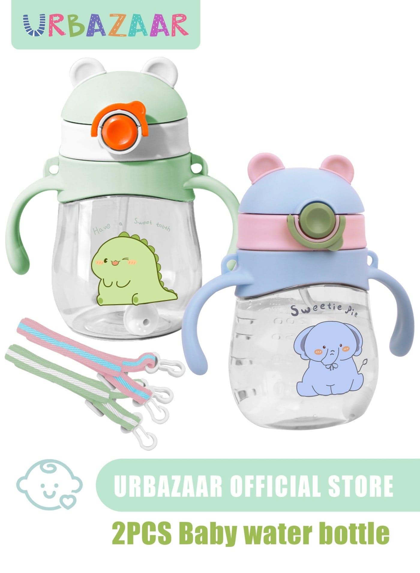 2-Pcs Baby Sippy Cups For 6 Months +, 300ml Baby Cup with Weighted Straw and Easy Grip Handles, Kids Water Bottle with Simple Flip Lid, 360 Degree Spill Proof Toddler Cup(410ml when full)