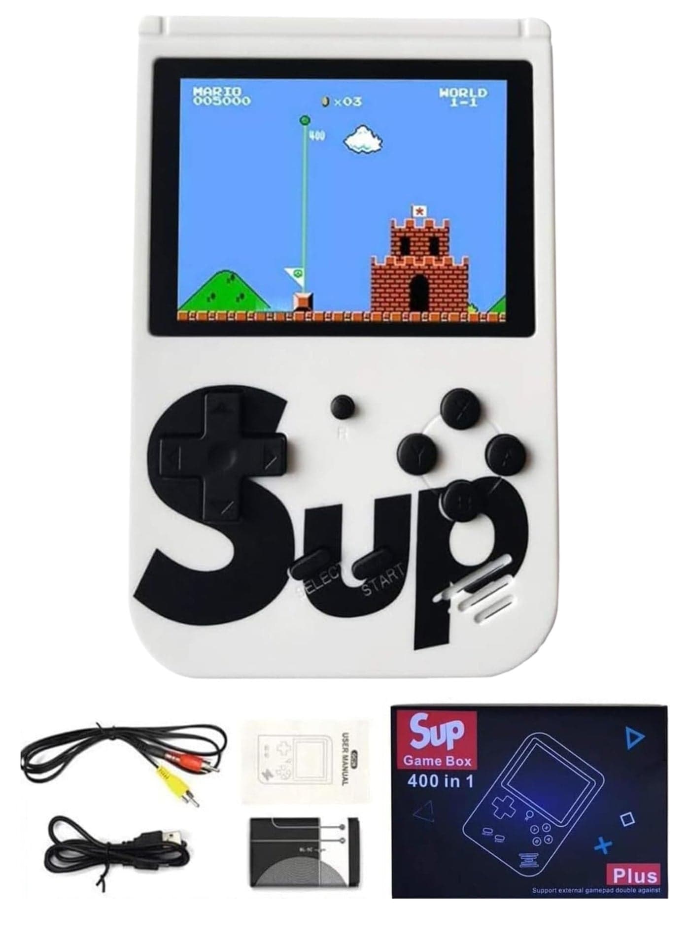 SUP Handheld Game Console with 400 Classic Retro Games, 3-Inch Color Screen, Rechargeable Battery, Portable Mini Gaming Device for Kids & Adults | White