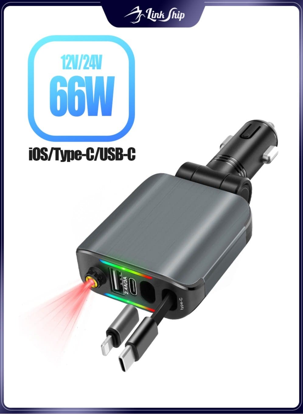 12V/24V 66W Super Fast Car Charger with Foldable Retractable Cable, Multi-Port Fast Charging, Starry Night Light & Fireproof PC V0 – for iPhone 13-17, Samsung in Car/Truck/RV