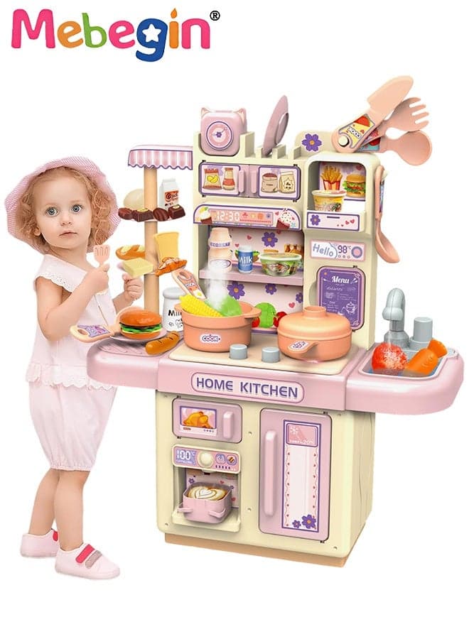 Pretend Kitchen Toy Set with Rich Accessories, Kitchen Play Set Toy with Realistic Light, Sound and Steam Simulation, Creative Kitchen Cooking Playset Toys, Ideal Gift for Kids, 30*13.5*36cm